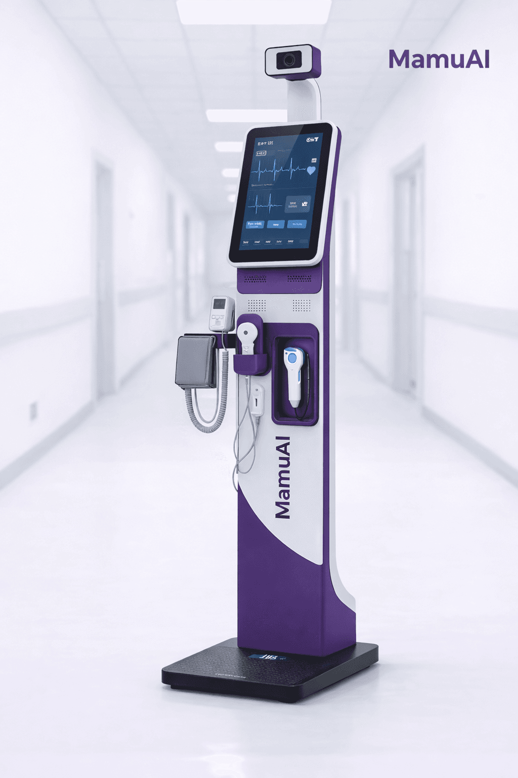 Mamu AI Clinical AI Edge Health Platform, a patient-operated diagnostic kiosk with integrated vitals sensors